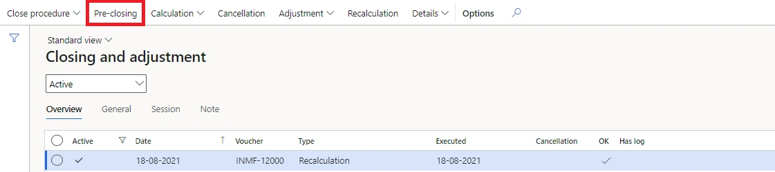 Launching pre-closing from the Closing and adjustment page