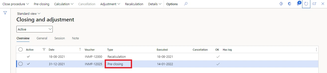 The pre-closing voucher on the Closing and adjustment page
