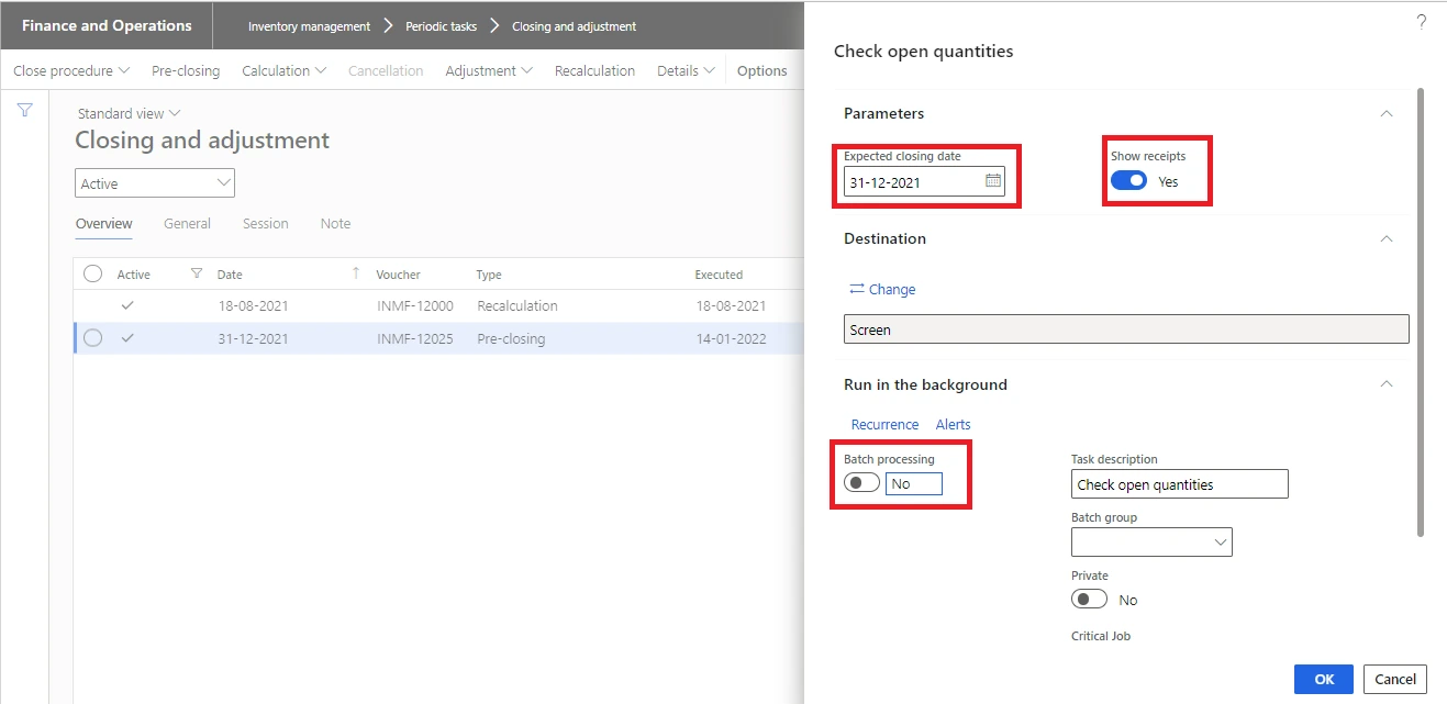 Check open quantities parameters