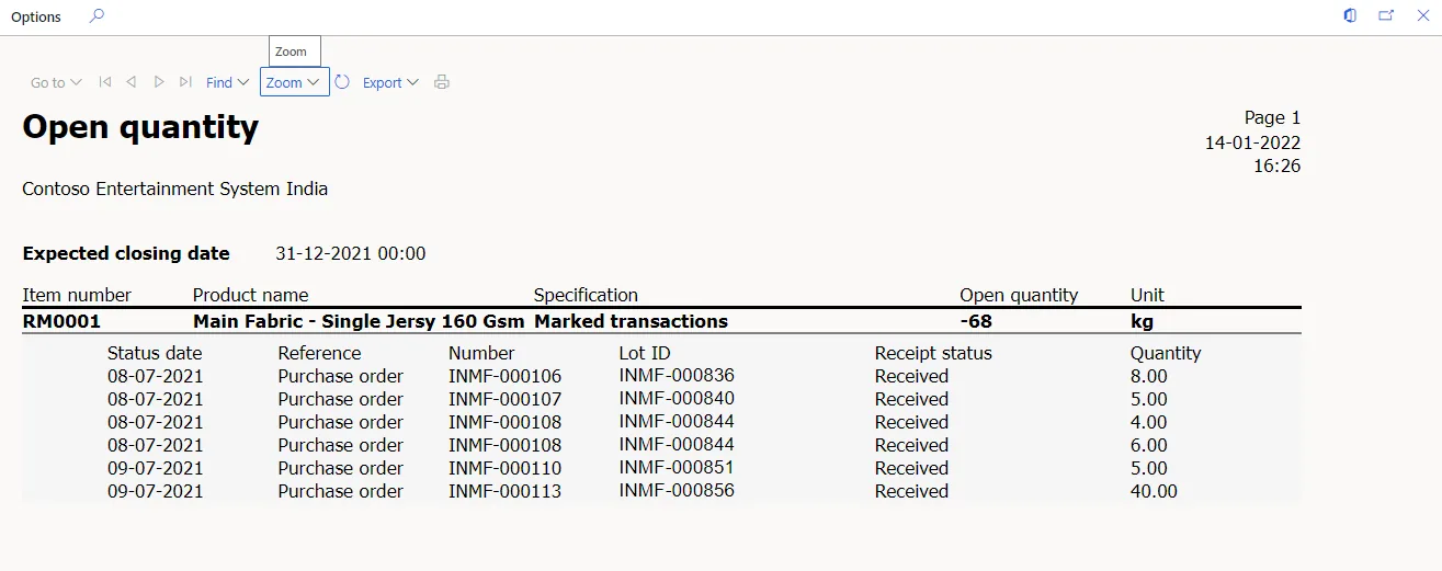 Check open quantities — report format