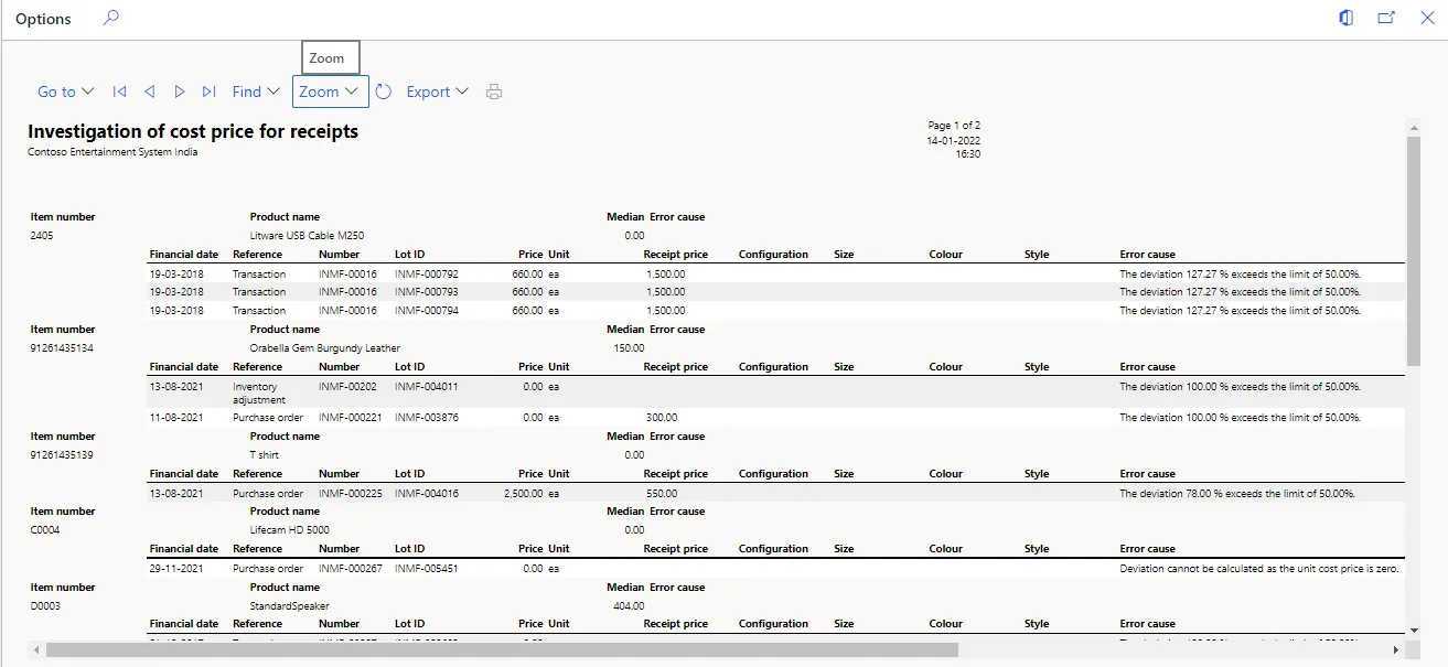 Check cost prices — report format