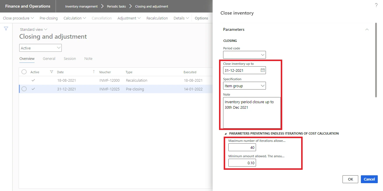 Inventory close — General tab