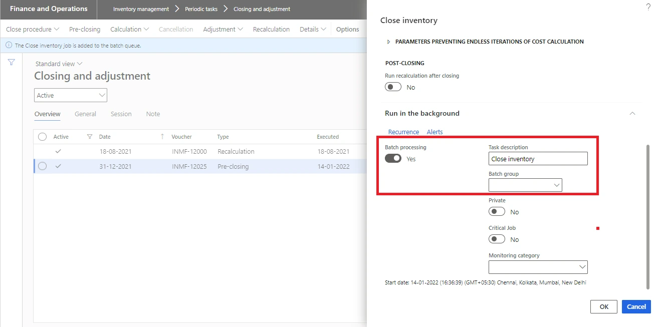 Inventory close — Batch tab