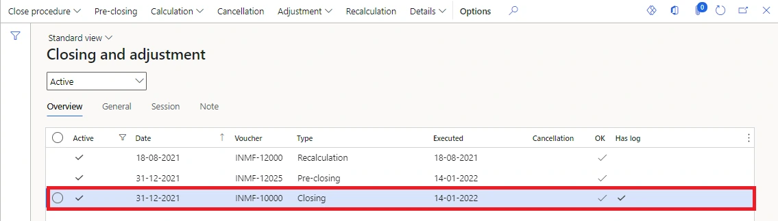 The closing voucher on the Closing and adjustment page