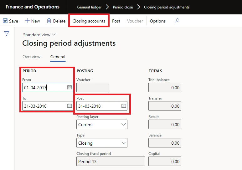 The General tab, and the Closing accounts button
