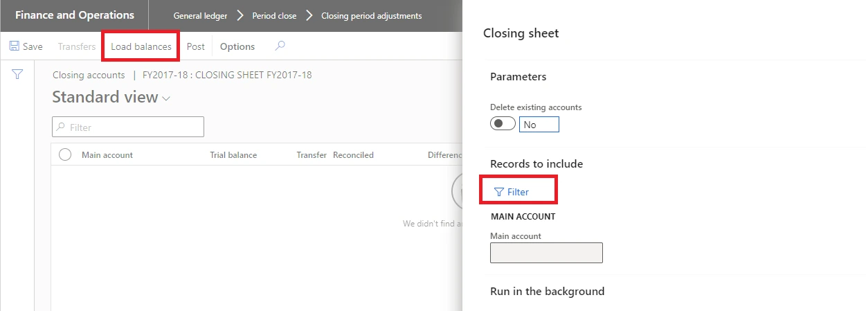 Loading balances into the closing sheet