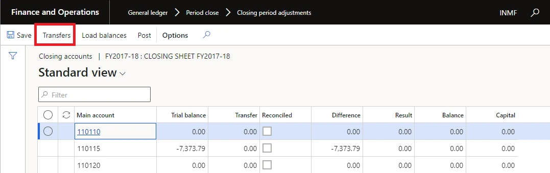 The Transfers button on the Closing accounts form