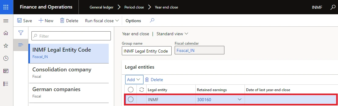 The retained earnings account populates per legal entity