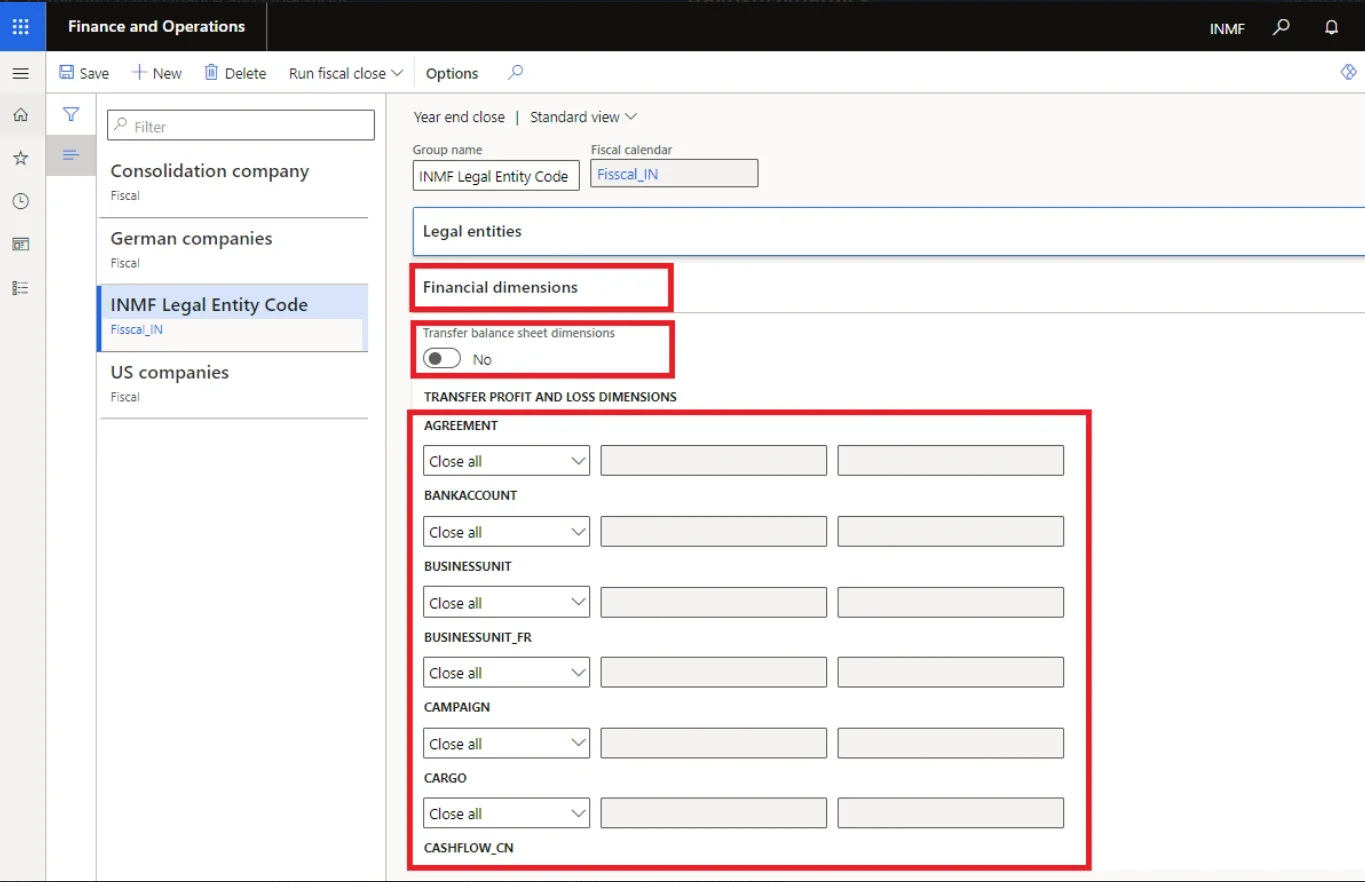 Financial dimension settings on the year-end close template
