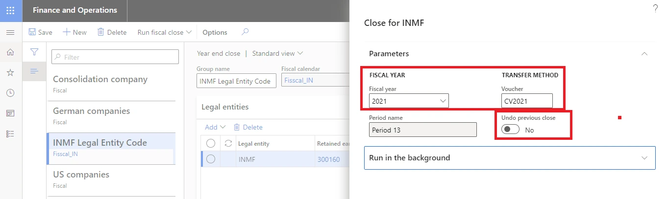 Year-end close run parameters