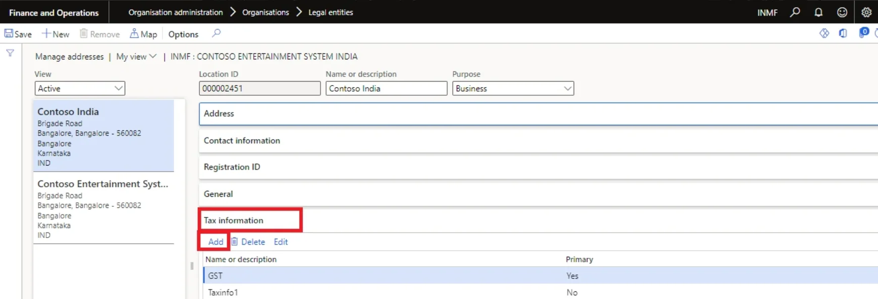 Screenshot — Assigning the group to the legal entity