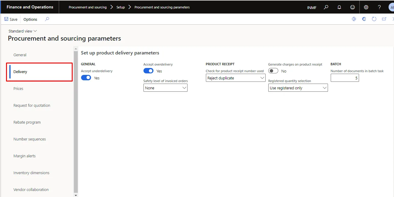Screenshot — Delivery Parameters