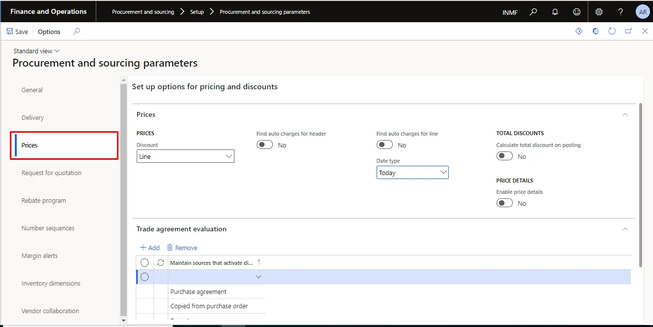 Screenshot — Prices Parameters