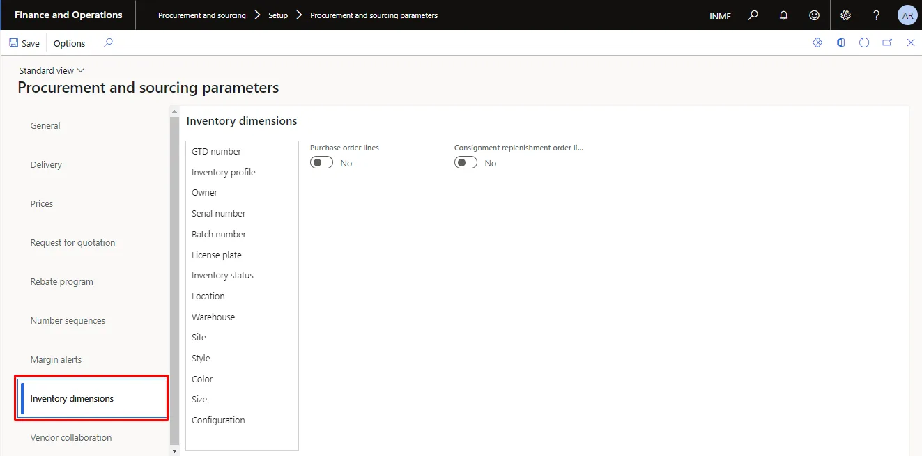 Screenshot — Inventory Dimension Parameters