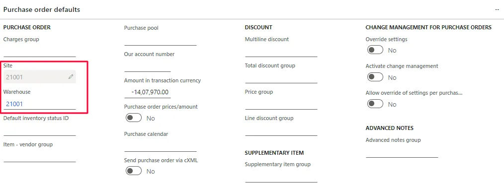 Screenshot — Purchase order defaults