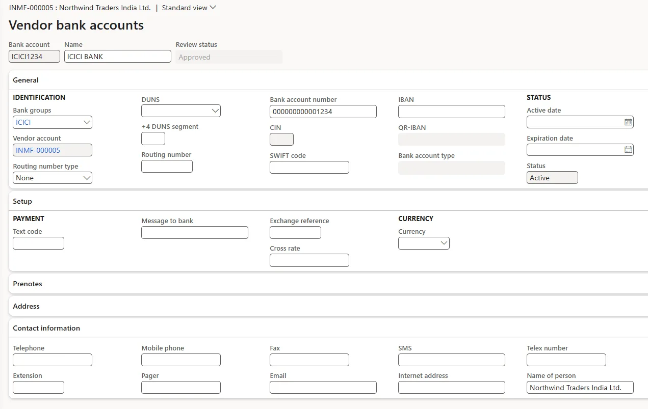 Screenshot — Vendor Bank Details