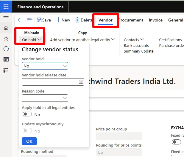 Screenshot — Vendor Hold and Lifecycle Management